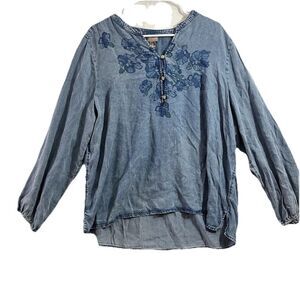 Chicos Womens Blue Top Floral Print Button Rope style Sz 3 XL  Lyocell Boho